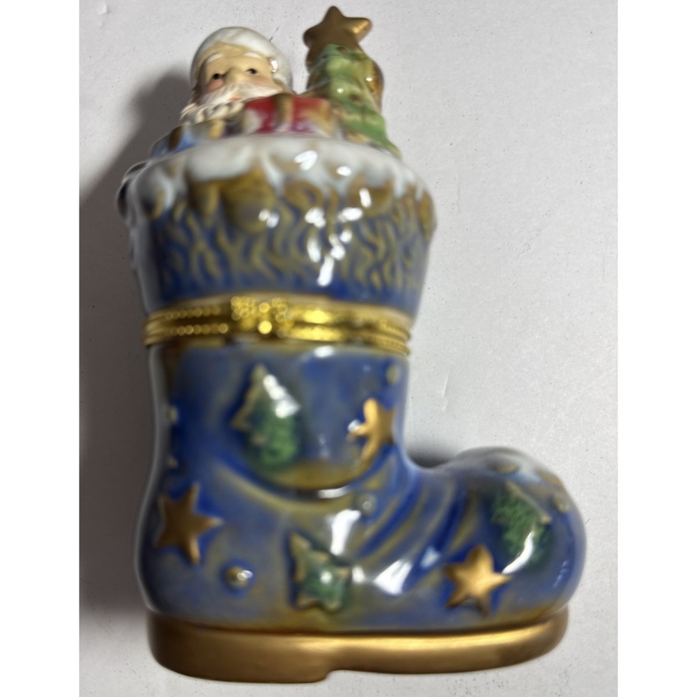 Vintage Ceramic Santa In Chimney Hinged Ceramic Holiday Trinket Box